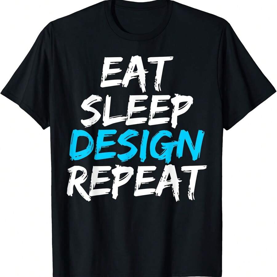 Camiseta con texto desgastado, diseño "comer, dormir", repetición, diseñador gráfico - Negro-2 - Ver 1