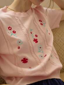 Simple Retro Women's Spring And Summer Embroidery Collision Round Neck Pink Elegant Retro Temperament Casual Short Sleeve Pullover Sweater Top - Pink - View 8