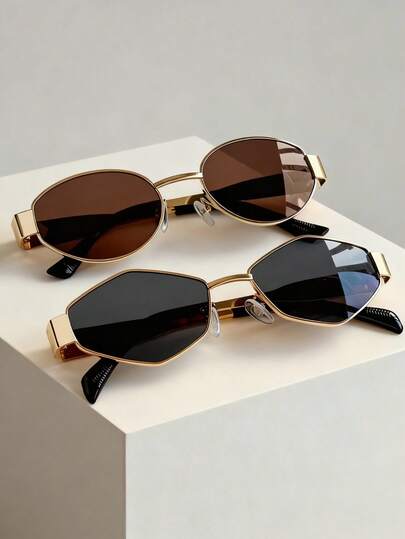 1 Set Includes 2pcs Round & Rhombus Shaped Summer Fashion Eyeglasses Combo, Retro Oval, Polygon, Triangle Metal Frame Decorative Glasses, Unisex For Street Photography, Daily Commute