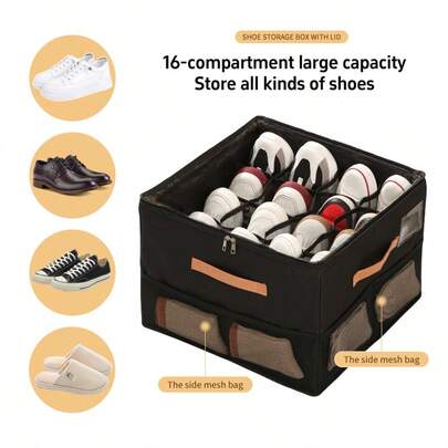 1pc Foldable Shoe Box, Fits Up To 16 Pairs, Large Capacity Storage Box With Bottom Board, Transparent Storage Box With Handle, Space-Saving Shoe Rack