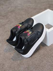 1 Pair Girls Boys Versatile Hook And Loop Comfortable Breathable White Sneakers With Colorful Powder Decoration Patchwork Fashion Flat Shoes Campus Student Casual Style Baby Shoes Running Sports Shoes - Black - View 7