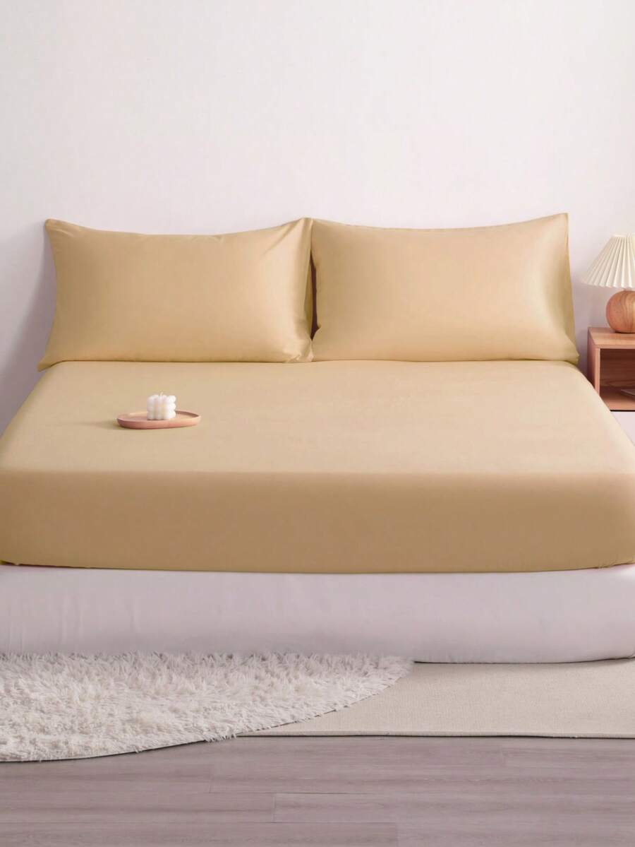 3pcs Solid Color Fitted Sheet Set With 1pc Fitted Sheet+2pcs Pillow Case Without Filler, Modern Soft Bedding Set For Household Sheet Deep Pocket Up To 15 Inch - 卡其色 - 查看 1
