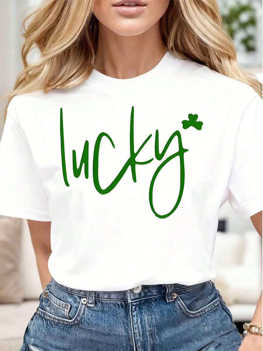 Lucky Clover Print Women Casual T Shirt Soft Comfortable Gift For St Patricks Day - 白色 - 查看 1
