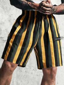 Men's Summer Striped Black Yellow Green Casual Sports Lightweight Drawstring Waist Pockets Outdoor Leisure, Sports, Daily Outfits Bermuda Short - Yellow - View 2