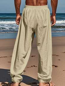 Lightweight And Breathable Men's Trousers In A Solid Color, With Pockets, Offering A Relaxed Fit For Comfortable Wear At The Beach During The Spring And Summer Seasons. - Khaki - View 2
