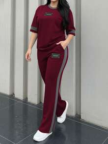 两件套女士春秋季圆领短袖T恤和松紧腰宽松裤套装，休闲日常穿着 - 酒紅色199 - 查看 1