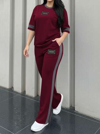 2pcs Women's Spring/Autumn Round Neck Short Sleeve T-Shirt And Elastic Waist Loose Pants Set, Casual Daily Wear