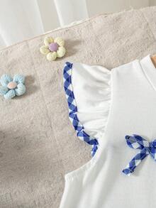 Blusa sin mangas casual para niñas con diseño de lazo, unicolor, adecuada para salidas de primavera/verano - Blanco - Ver 4