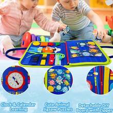 Montessori Busy Board - Sensory Life Skills Activity Toy With Zipper And Button Learning, Present - Azul - Ver 3