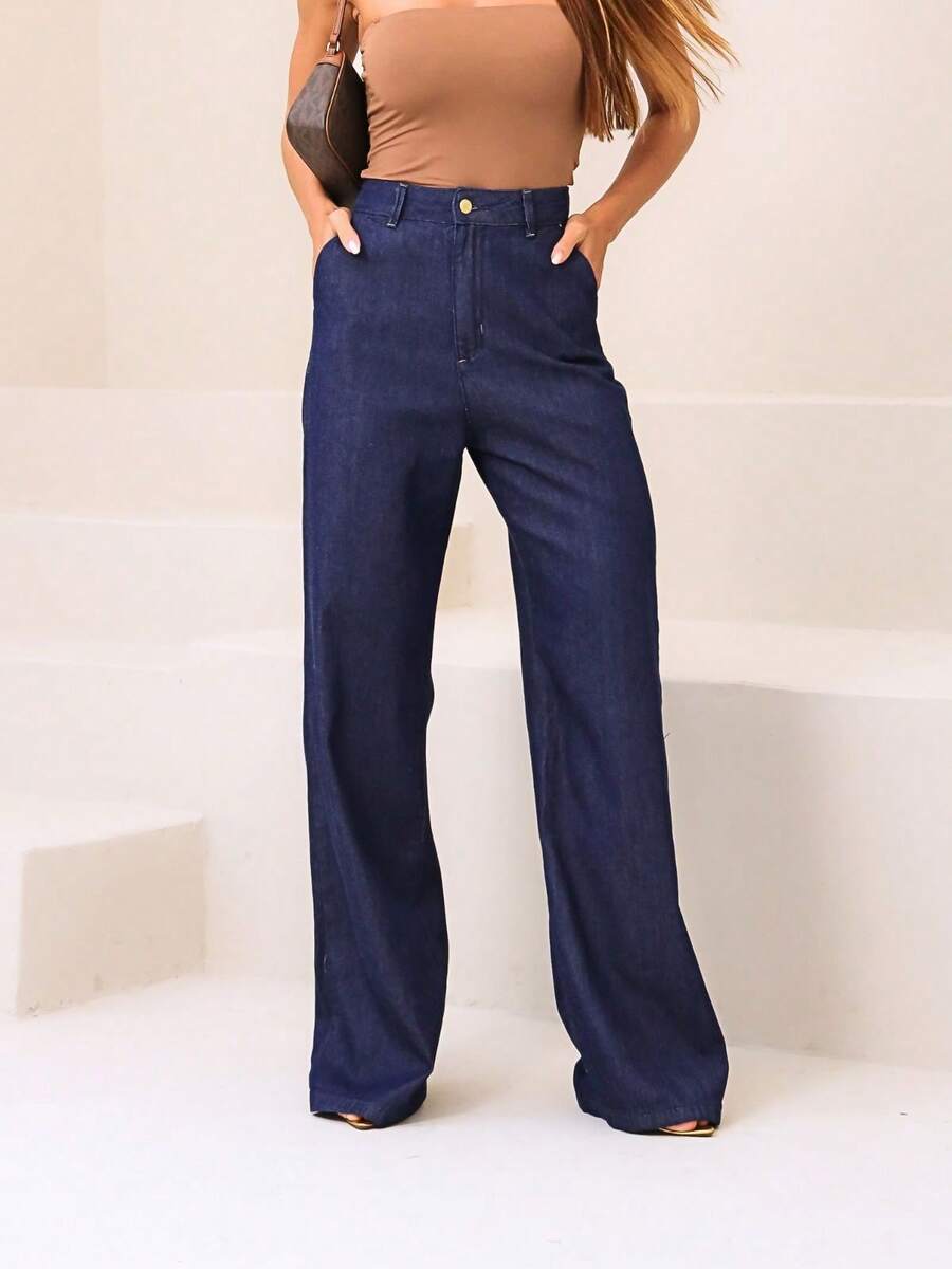 Manon Store Women's Wide Leg Tailored High Waist Elegant Casual Jeans With Zipper, Pocket, Button, For Office, Country Music Concert, Stage And Concert, Night, Travel, Formal And Evening, Autumn/Winter - 深色水洗藍 - 查看 1