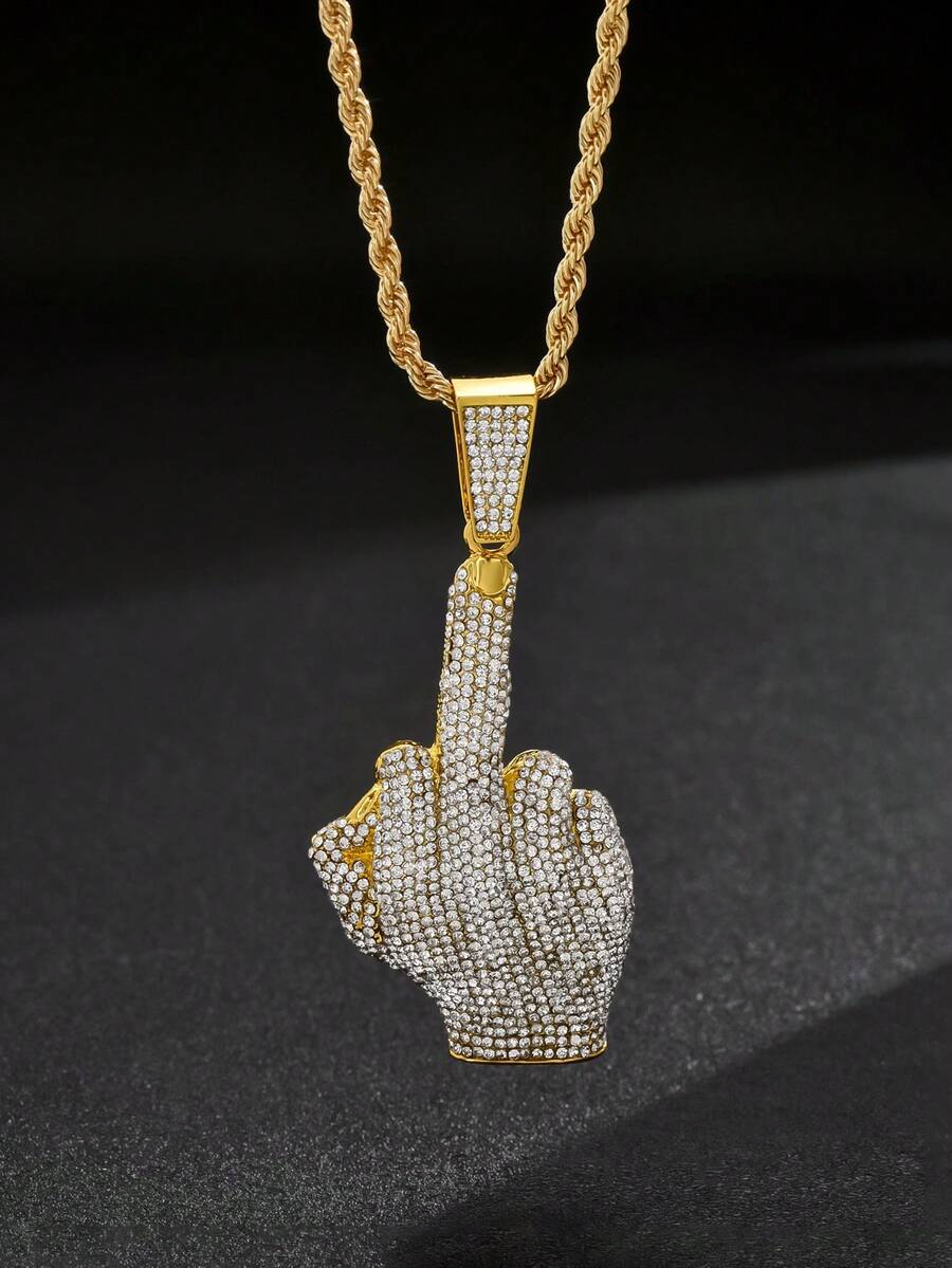 Ice Out Zirconia Polite Gesture Necklace Men Women Punk Hip Hop Rap Rock Party Jewelry Gift - Hand Gesture Necklace - View 1