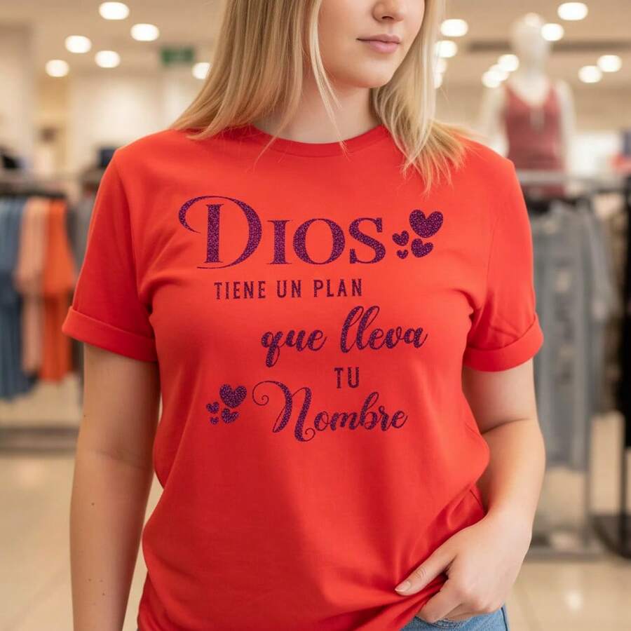 Women's Cotton Short Sleeve T-Shirt With "Dios Tiene Un Plan Que Lleva Tu Nombre" Glitter Print, Casual Crewneck Tee, S-5XL Sizes, Black Basic Top For Daily Wear, Religious Graphic Tshirt - 紅色 - 查看 1