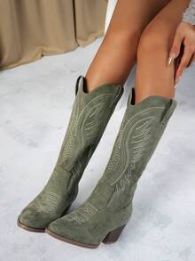 Western Style Embroidery Point Toe Chunky Heel Boots  Western    Side Zipper    Holiday - màu xanh lá - Xem 2