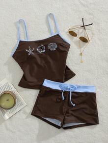 Bộ bikini nữ thanh lịch, gợi cảm với họa tiết tôm hùm, cua, rùa, sao biển và hoa dâm bụt, gồm áo crop top tam giác và quần bikini, thích hợp cho kỳ nghỉ, bãi biển, bơi lội, mùa thu/đông và xuân/hè, có thể mặc đi xem hòa nhạc, mặc hàng ngày, lễ tốt nghiệp và các dịp khác. - màu nâu - Xem 7