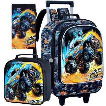 3PCS Truck Rolling Backpack For Boys, Kids Roller Bookbag With Wheels, Car Wheeled School Backpack For Elementary Preschool Kindergarten(Black)