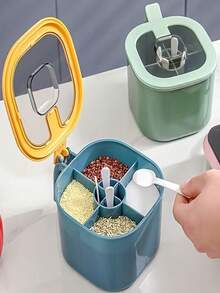 1 pieza Caja redonda de plástico para condimentos 4 en 1, a prueba de óxido, con cuchara integrada, frascos y dispensador de especias, multicompartimento, adecuado para la cocina y el hogar - Multicolor - Ver 1