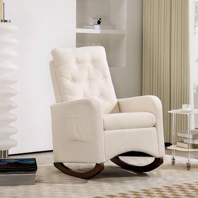 Dragonpad Upholstered Rocking Chair With High Backrest And Rubber Wood Legs, Comfy Glider Accent Chair Fabric Rocking Chair, Side Pocket, Rocking Chair Nursery For Living Room, Nursery Room