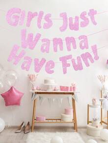 一套“我只想玩得开心”霓虹粉闪光横幅，单人派对装饰，新娘送礼会悬挂横幅，婴儿派对装饰，女孩生日派对装饰，公主派对装饰，单身派对背景幕布，生日派对用品，纸质悬挂装饰，节日派对用品，拍照道具 - 粉色 - 查看 6