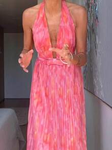 Vacation Style Women's Sexy Deep V-Neck Backless Halter Dress High-Waist Pink Long Dress Elegant Dress Slim Fit Long Formal Gown For Evening Party Fashion & Graceful Graduation Party Outfit - Hồng - Xem 4