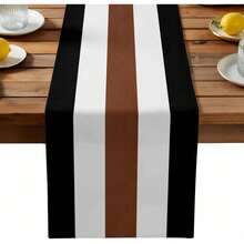 Retro Simple Striped Art Table Runner, Brown Black White Contrast Linen Table Runner For Restaurant, Kitchen, Vanity - Multicolor - View 1