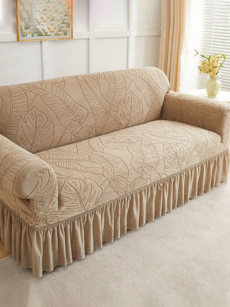 1pc Jacquard Leaf Pattern Ruffled Elastic Sofa Cover, Dust-Proof And Dirt-Resistant, Stretch-To-Fit Full Coverage Sofa Protector, Home Decor, Machine Washable, Pillow Cover Not Included - Khaki - View 1