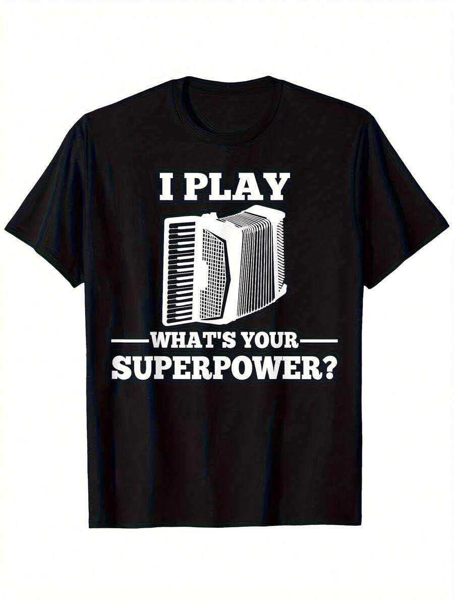 Camiseta de música de acordeón "I Play What'S Your Power" para hombre: camiseta de banda de 180 g de peso pesado con gráfico de trompa, tallas S-XXXL, camiseta informal lavable a máquina para músicos y acordeones. - Negro 31 - Ver 1