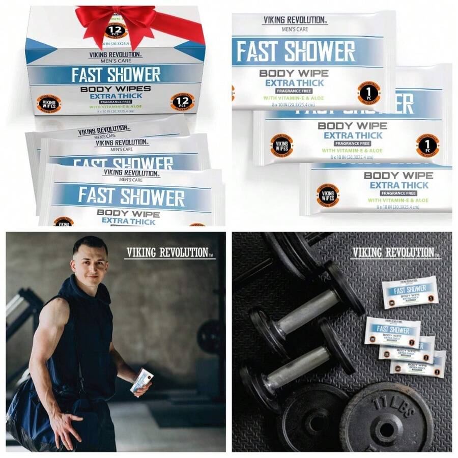 Body Wipes For Men - Gym Wipes, Shower Wipes - Disposable And -Friendly - Unscented Wet Wipes With Vitamin E And Aloe - 12 Individually Wrapped Wipes - 1 - 查看 1