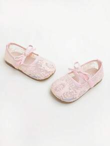 1双简约纯色透气蝴蝶结装饰平底鞋，女童款，适合户外活动，春夏款 - 粉色 - 查看 4