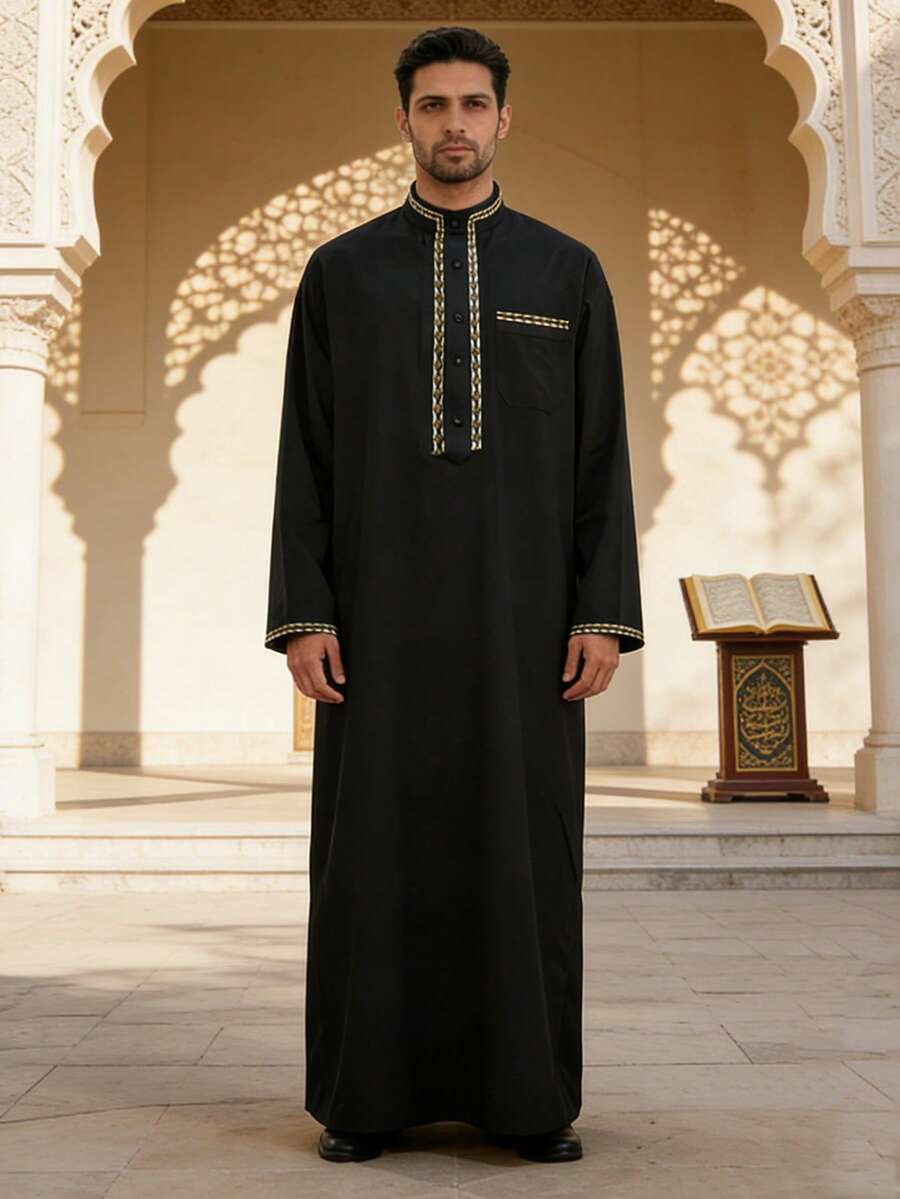 Men's Long Robe With Lace Trim, Long Robe With Long Sleeves And Pockets, Middle Eastern Clothing, Suitable As Gift For Friends And Family - Black - View 1