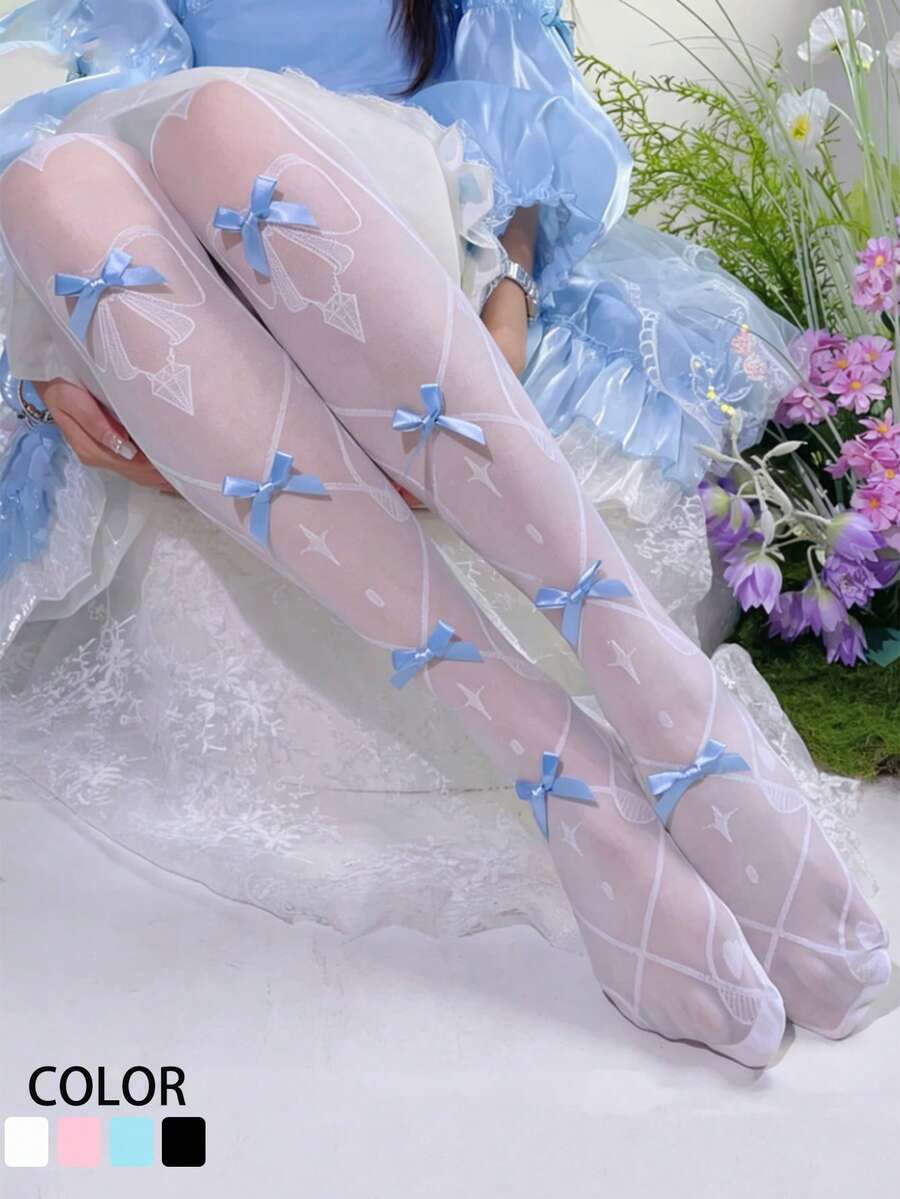 1双洛丽塔风格蝴蝶提花图案过膝袜，轻盈甜美，适合女孩 - 彩色 - 查看 1