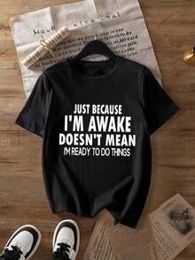 Plus Size Women "I'm Awake But Not Ready To Adult" Casual Round Neck Short Sleeve T-Shirt, Suitable For Spring, Summer, Autumn, Valentine's Day/Back To School Season - Black - View 2