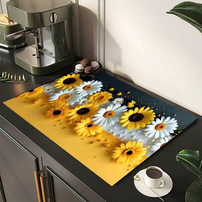 1pc Sunflower Absorbent Drying Mat, Kitchen Decor Coffee Machine Mat, Handmade Coffee Pot Draining Pad, Kitchen Floor Mat, Dining Table Mat, Kitchen Counter Dish Drying Mat, Breakfast Mat, Heat-Resistant Anti-Slip Draining Mat, Diatomite Draining Mat, Hides Stains, Super Absorbent Kitchen Mat, Easy To Clean Dish Rack Mat, Suitable For Kitchen, Dining Table, Coffee Shop, Bar, Holidays, Parties, Home Decor, Holiday Gifts