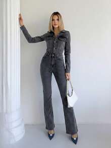 Women's Fashionable Gray-Black Long Sleeve Regular Shoulder Bodysuit - Grey - View 3
