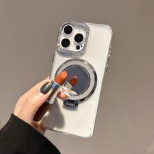 带镜面支架和水钻的软壳手机壳，兼容 12、13、14、15、16 Pro Max、17、17 Pro Max、Moto G13、G85、E22、S21、S22、S23、S24、S25 Plus Ultra。 - 銀色 - 查看 1