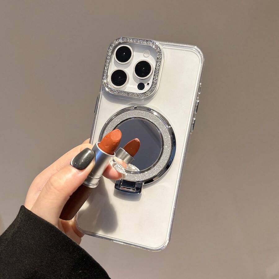 带镜面支架和水钻的软壳手机壳，兼容 12、13、14、15、16 Pro Max、17、17 Pro Max、Moto G13、G85、E22、S21、S22、S23、S24、S25 Plus Ultra。 - 銀色 - 查看 1