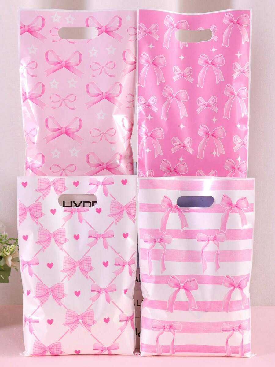 10/20/50pcs Pink Bow Mixed Color Gift Bags, Happy Birthday Plastic Gift Packaging Bags, Fairy Tale Theme Birthday Decor, Wedding, Bridal Shower, Holiday Gifts, Spring Party Gift Wrapping Supplies
