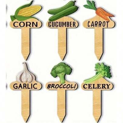6件套 2D印刷木质花卉蔬菜标签，园艺植物盆栽标签
