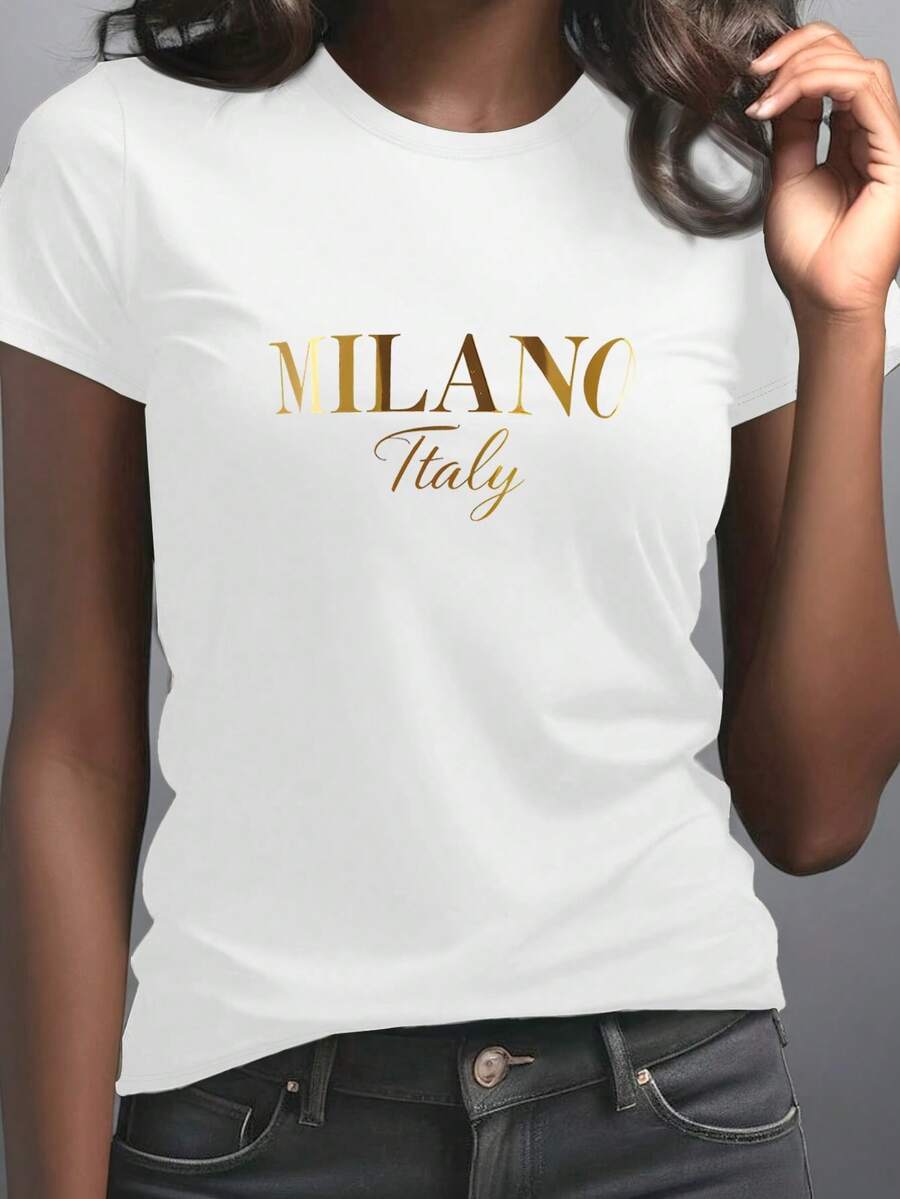 Women's "MILANO Italy" Gold Foil Print T-Shirt Casual Crew Neck Short Sleeve Top - 白色 - 查看 1