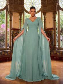 Faeriesty Đầm dạ hội tay dài thanh lịch, chất liệu voan mềm mại với đuôi váy duyên dáng – Thiết kế sang trọng, tinh tế, thích hợp cho các buổi tiệc tối trang trọng, trang phục dự đám cưới, chụp ảnh cưới, sự kiện thảm đỏ, các buổi dạ tiệc sang trọng, tiệc mùa xuân. - màu xanh lá - Xem 3