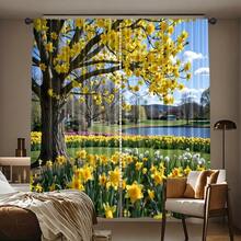 Spring Floral Landscape Curtains Vibrant Yellow Daffodils & Blooming Trees Design Light Filtering Rod Pocket Style For Bedroom & Living Spaces Decorative Window  Room Accent 2PC 2D Flat Window Curtains&Drapes 42*84in/52*84in Rod Pocket Design Rod Not Included Bright Daffodil Pattern Adds Cheerful Spring Vibe To Any Room - 2PC - 查看 2