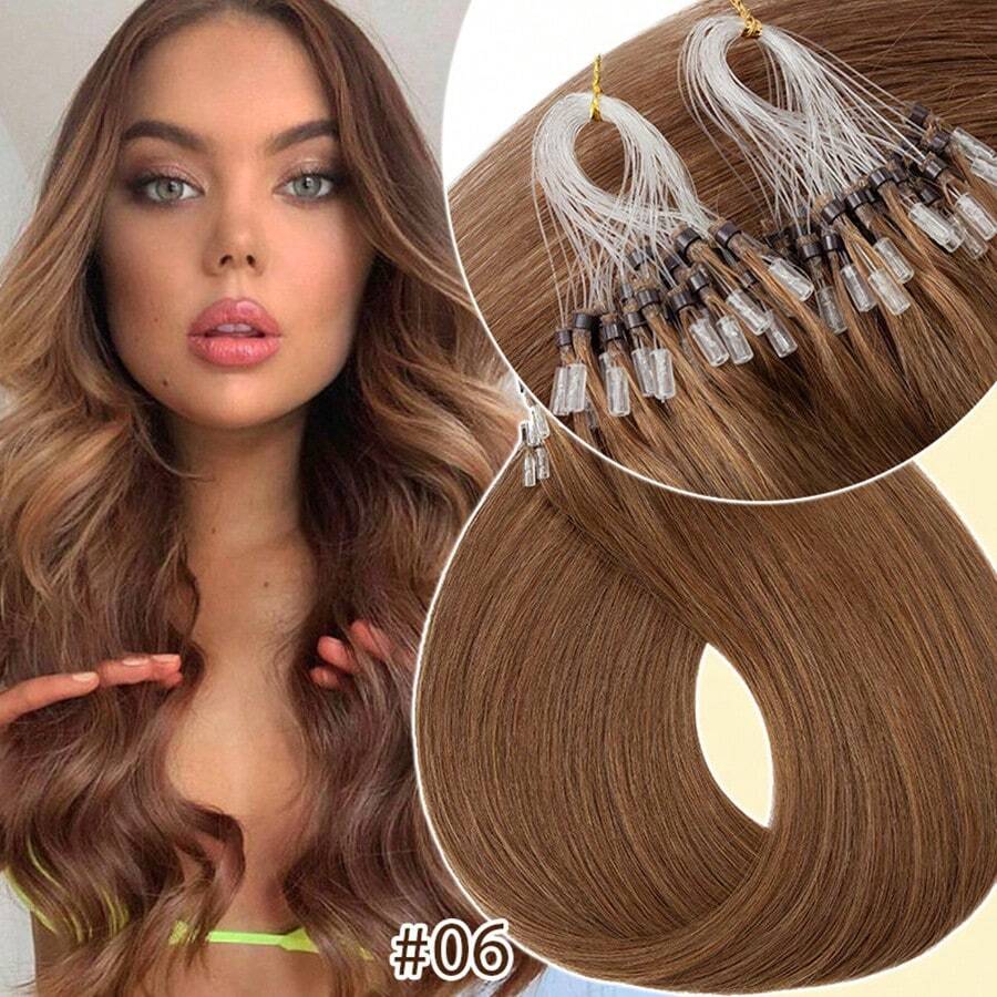 100Strands Micro Ring Loop Tip Remy Human Hair Extensions Straight Micro Beads Link Hair 0.5g/Strand #1 Jet Black #1B Natural Black #2 Dark Brown #4 Medium Brown #6 Light Brown - #6 Light Brown - View 1