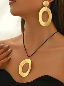 2pcs/Set Vintage French Geometric Necklace, Fashionable Women Metal Pendant Necklace Jewelry Set - Gold - View 1