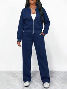 Damen Einfarbiger Reißverschluss Cardigan mit Langarm und Kordelzug gerade Hose Freizeitanzug, elegant und modisch, vielseitig für den täglichen Gebrauch, Herbst/Winter - marineblau - Übersicht 5