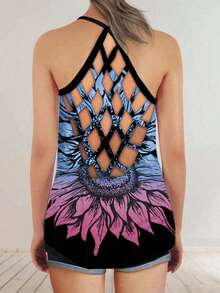 Plus Size Women Sunflower Slogan Graphic Hollow Back Design Casual Halter Neck Tank Top - Black - View 2