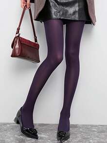 1 Pair Women's Purple Tights, Elastic Fitted Fleece Lined Stirrup Leggings For Spring & Autumn - Purple - View 1