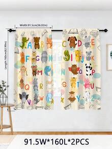 2件套ABC动物字母窗帘，可爱动物园图案，儿童房卡通学习窗帘 - 彩色 - 查看 8