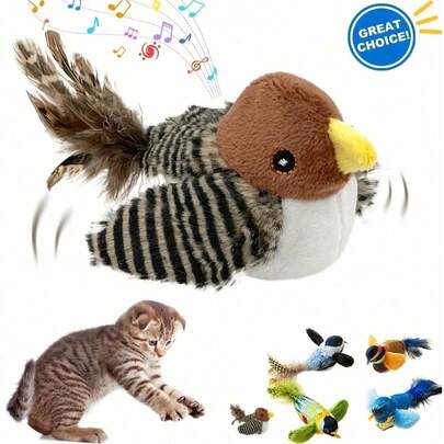 1pc Sparrow Bird Plush Doll, Chew-Resistant & Sound-Activated Pet Doll, Realistic Flying Bird Doll With Cat, Feather Dangler, Suitable For Cats To Play Independently Indoors, Random Color