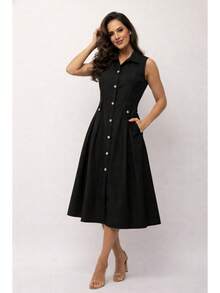Women's Midi Dress, Loose Fit, Elegant Louis Twill Fabric, Buttons Down The Front With Pocket. - 黑色 - 查看 1