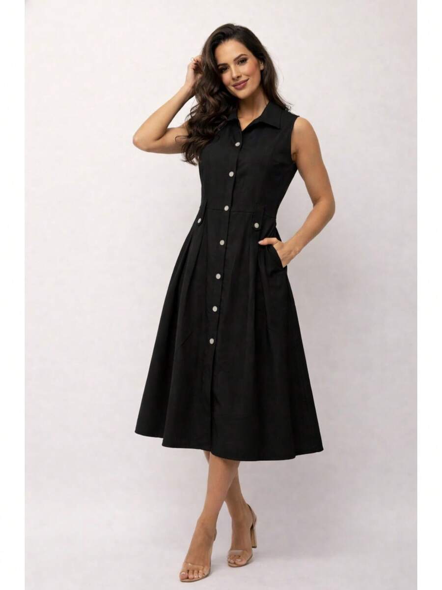 Women's Midi Dress, Loose Fit, Elegant Louis Twill Fabric, Buttons Down The Front With Pocket. - 黑色 - 查看 1