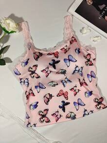 Versatile U-Neck Pink Sexy Lace Patchwork Camisole, Fitted Breathable Outer/Inner Wear Racerback Casual Tank Top With Chest Pads - Pink - View 7